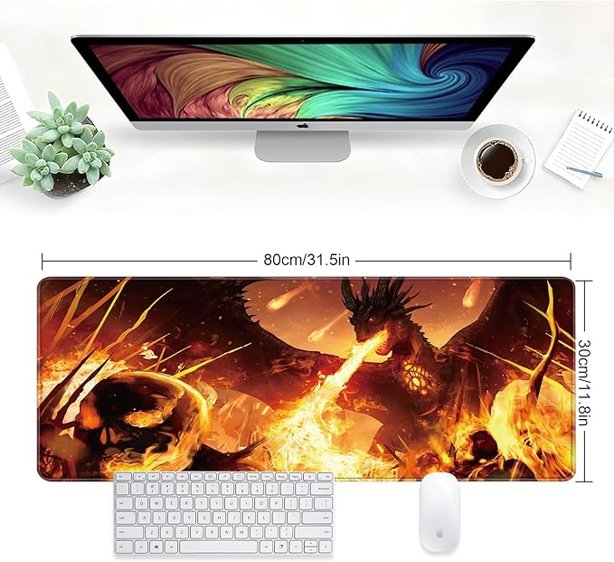 Large Desk Mat, Desk Matt for Desktop, Computer Gaming Mouse Pads, Anti-Slip Rubber Base, Stitched Edges Soft Mat for Desktop Office Home 31.5 x 11.8 Inches (Flaming Dragon)