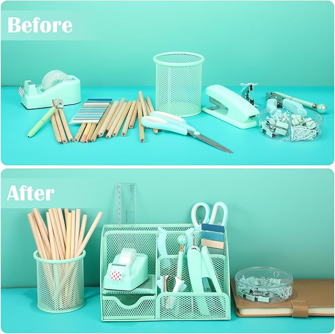 Green Desk Organizers and Accessories, Teal Office Supplies Set Green Mesh Desk Organizer, Stapler, Tape Dispenser, 1000 Staples, Staple Remover, Pen Holder, Clips Set, Ruler, Scissors