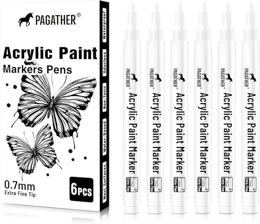Acrylic White Paint Pens - 6 Pack 0.7mm Extra Fine White Paint Marker for Rock Painting, Wood, Metal, Fabric, Plastic, Canvas, Glass, Ceramic, Diy Crafts