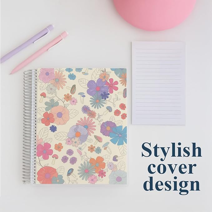 Erin Condren 7" X 9" Spiral Bound Productivity Notebook, Groovy Blooms, Functional 160 Lined Page and 80Lb Thick Paper Spiral Notebook, Stickers Included