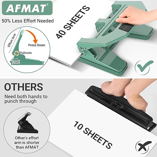AFMAT HPX2 Heavy Duty 3 Hole Puncher, 40-Sheet Three Hole Punch Heavy Duty, 50% Reduced Effort Paper Punch, 10K+ Uses, Metal Hole Puncher 3 Ring w/Large Tray, Bulit-in S.S. Paper Guide, Green
