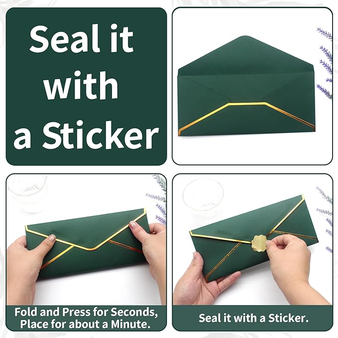 Business Envelopes with V-Flap,Gold Border 30 Pack #10 Envelopes Made of 150gsm Paper, Standard Envelopes with Gold Stickers for Office, Checks, Letter Mailing,9.45 x 4.13 Inches (Deep Green)