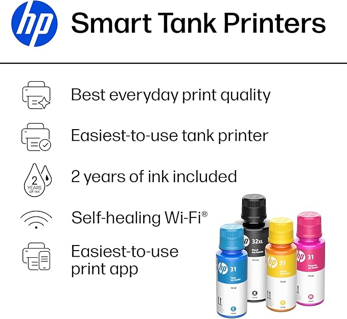 HP Smart Tank 7602 Wireless All-in-One Ink Tank Printer, Scanner, Copier with 2 years of ink included, Best-for-home office, Refillable, AI-enabled (28B98A)