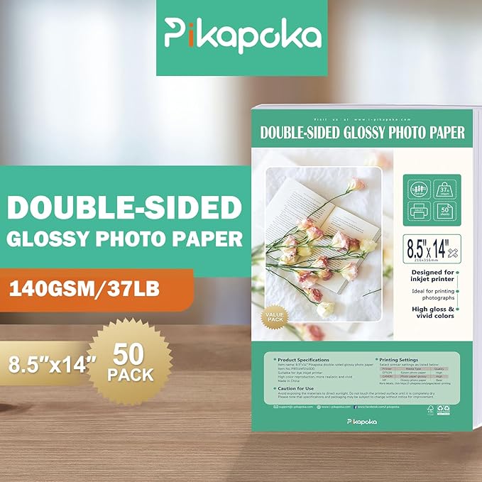 Double Sided Glossy Photo Paper 8.5 x 14 Legal Size for Inkjet Printer, 50 Pack, 140gsm/52lb