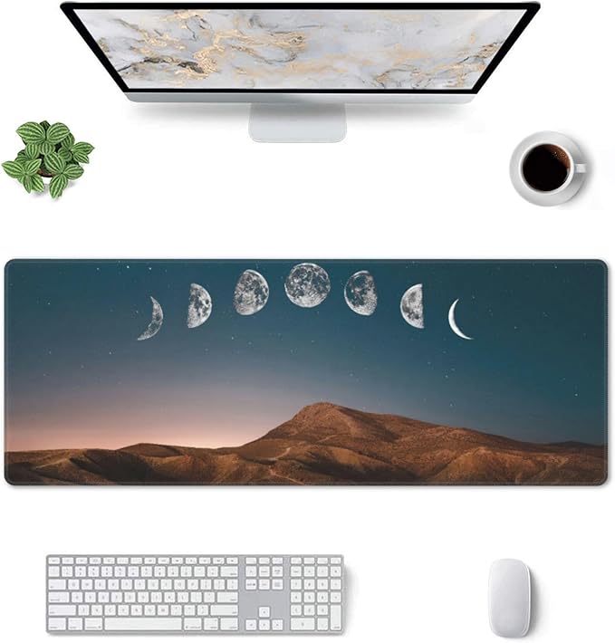 Dawn Moon Phase Large Mouse Pad, Mountains Gaming Desk Mat, XL Keyboard Desk Pad Mat for Desktop, 31.5"x11.8" Non-Slip Base Big Mousepad with Stitched Edges