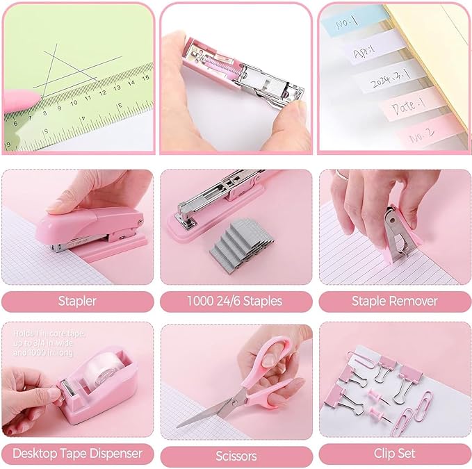12 Pack Office Supply Kit,Pink Office Supplies Includes Stapler,Tape Dispenser,Staple Remover,Staples,Clips,Scissor,Staples,Clips,Scissor,Ruler and Tabs