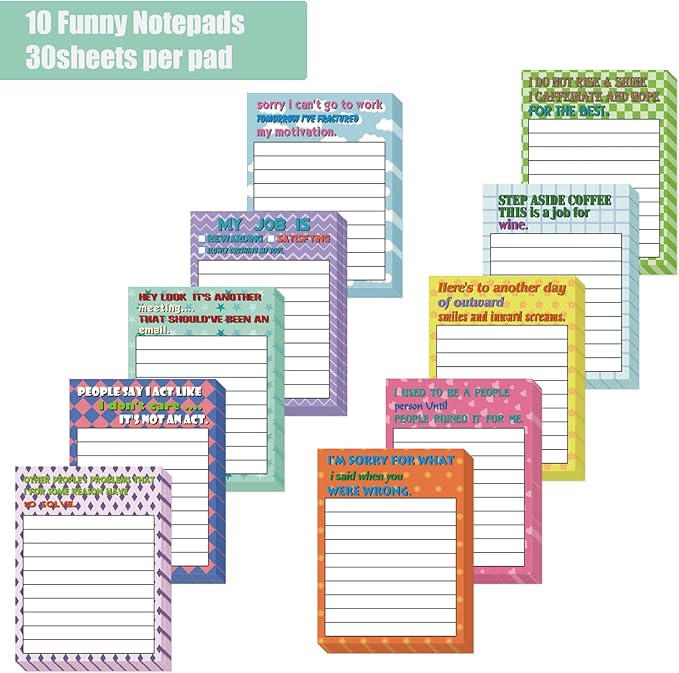 10 Pads Funny Sticky Notes with Sarcastic Sayings, to Do List Sticky Notes Pad with Lines, Cute Memo Notepads for Reminder Planner Students Office Coworkers Staff Appreciation Gifts 3 x 4 Inch