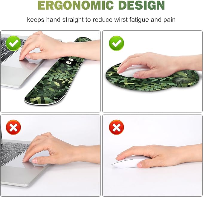 Large Desk Mat, Cute Anime Cats Gaming Mouse Pad, Desk Pad Protector, XXL Mousepad + Keyboard Wrist Rest+Mouse Wrist Rest+Coaster Set with Ergonomic Desk Pad for Home Office PC Computer, Green Leaves