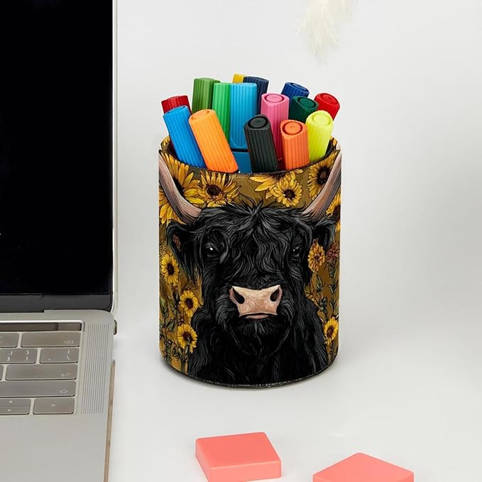 1 Pack Watercolor Sunflower Yak Circular Pen & Pencil Holder - Durable PU Leather Pencil Cup, Desk Accessories Organizer for Office Desk School Home