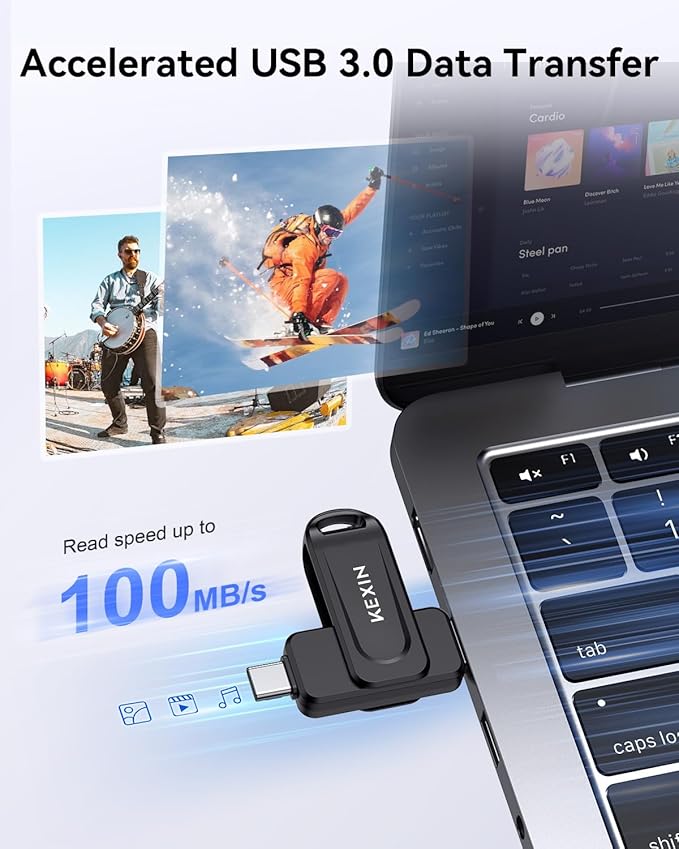 KEXIN Dual 64GB USB C Flash Drive 3.0 USB-A & Type-C Thumb Drive 100MB/s Swivel USB Drive 64GB Memory Stick for Smartphone Tablet iPhone 15/16 Car Game Console, Black