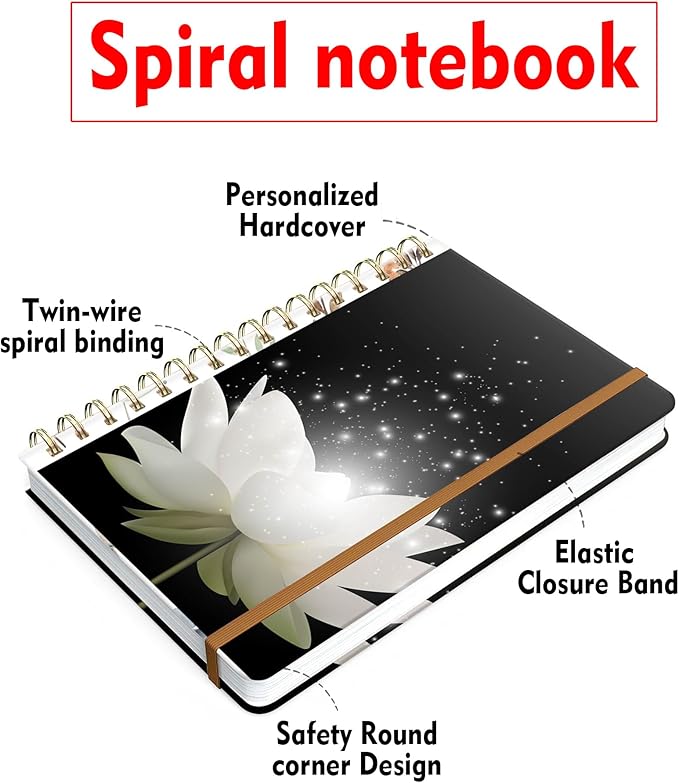 Spiral Journal Notebook for Women, Hardcover A5 College Ruled Notebook, 120 Pages, Thick Paper, Cute Lined Journal for School, Office & Work, 6 x 8.4 in(Magic White Lotus Flower)