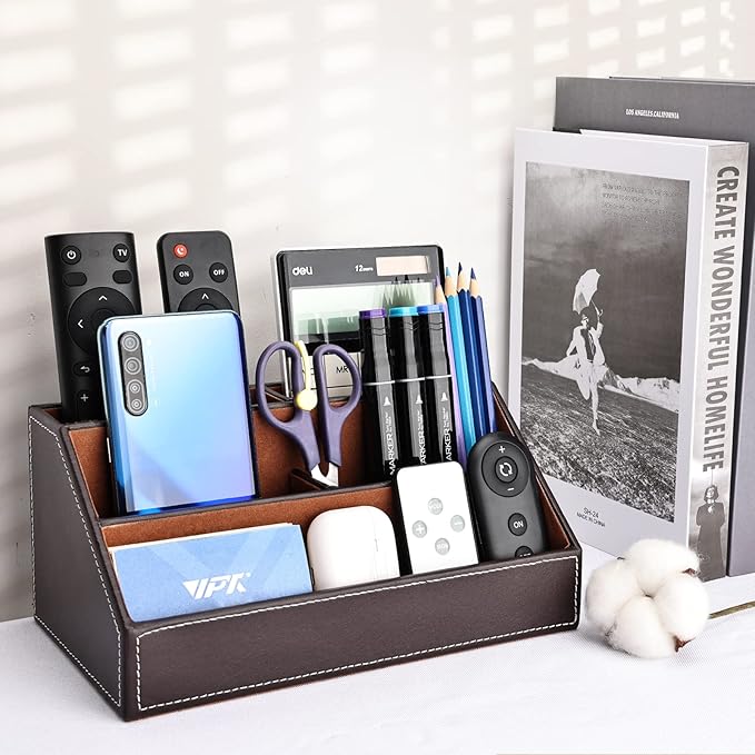 KINGFOM Pu Leather Desk Organizer with 5 Compartments Holder, Multi-Functional Office Supplies Storage Caddy for Pen/Pencil, Phones, Remote Controller and Desktop Accessorie Brown