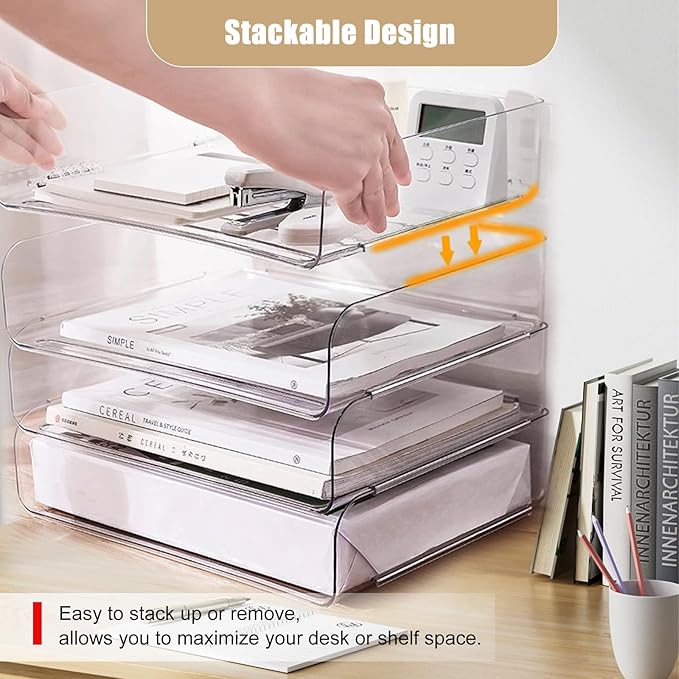 Clear Stackable Paper Trays 4 Pack, PET Letter Tray Desk Organizer, Desktop Organizers and Storage for Books, Magazines, Folders, A4 Size File Paper, Notes, Pens
