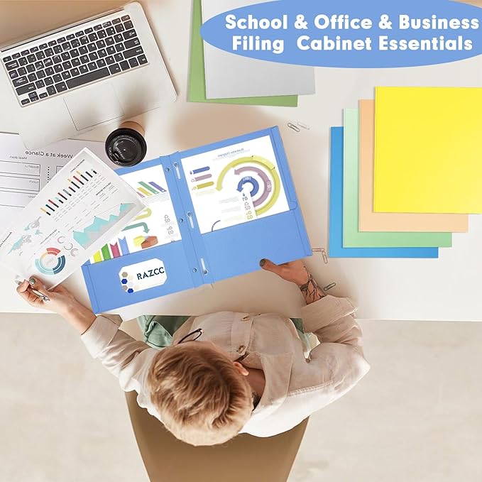 Two Pocket Folders, RAZCC 100 Pack Two Pocket Folders with Prongs, 3 Prong Folders Fit Letter Size Paper, Pocket Paper File Folders for School Office Home Business, Assorted 10 Colors