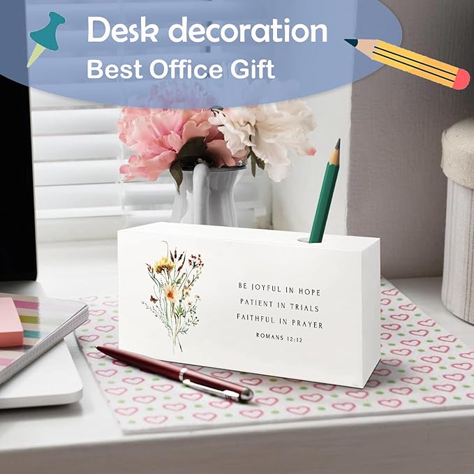 SNNDER Floral Christian Single Pen holder for Desk, Christian Religious Gifts for Women, Romans 12:12 Bible Verses Fountain Pen Holder for Home Office Desk Accessories