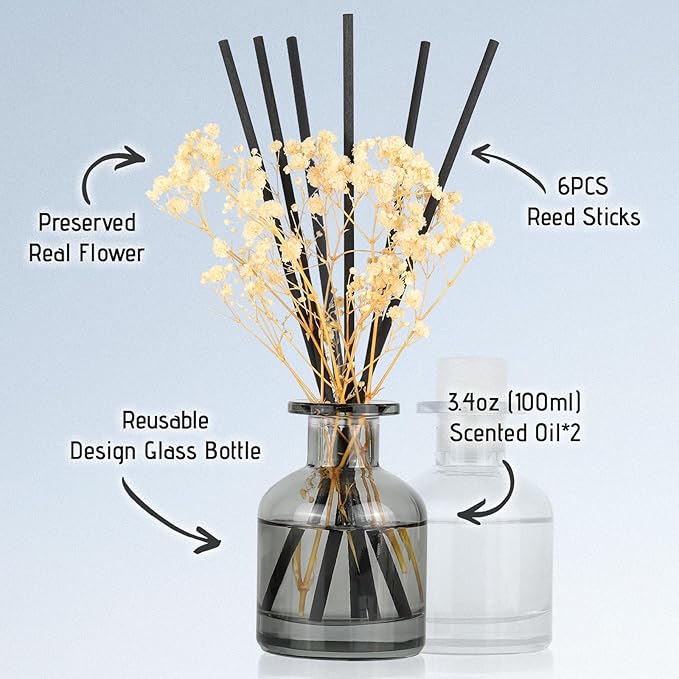 Brakula 2 Pack Reed Diffuser, Bamboo + Lavender Eucalyptus (3.38 fl oz Each Pack), Home Fragrance with 12 Sticks, Shelf Decor, Reed diffusers for Home