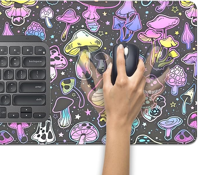 Colorful Mushrooms Mouse Pad,Large Extend Mousepad Desk Pad with Stitched Edges,Non-Slip Waterproof Rubber Base Mouse Mat Desk Mat for Office Computer Keyboard Laptop Home(27.5x11.8 in)