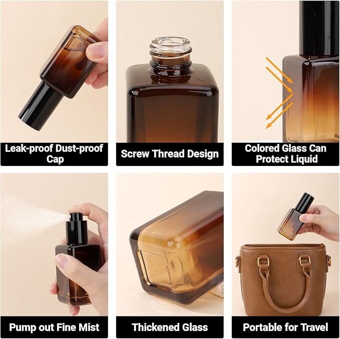 Segbeauty 1.7oz Amber Glass Spray Bottle Refillable Travel Bottles, 4pcs Fine Mist Travel Empty Spray Bottle for Hair, 50ml Atomizer Sprayer for Perfume, Liquid Containers Perfume Cologne Bottles