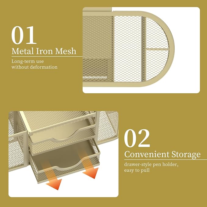 SUPEASY Mesh Desk Organizer, Desk Organizers and Accessories, Pen Holder with Drawers, Pencil Holder for Desk with 2 Drawer for Office Supplies, Golden yellow