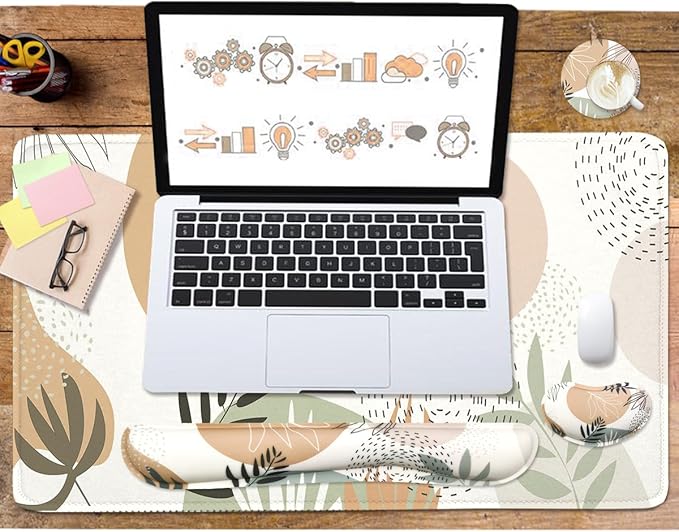 4-in-1 Large Mouse Pad, Keyboard Wrist Rest Pad & Wrist Support Mousepad Set, Extended Desk Pad Waterproof Desk Mat for Home Office Study Game - Leave