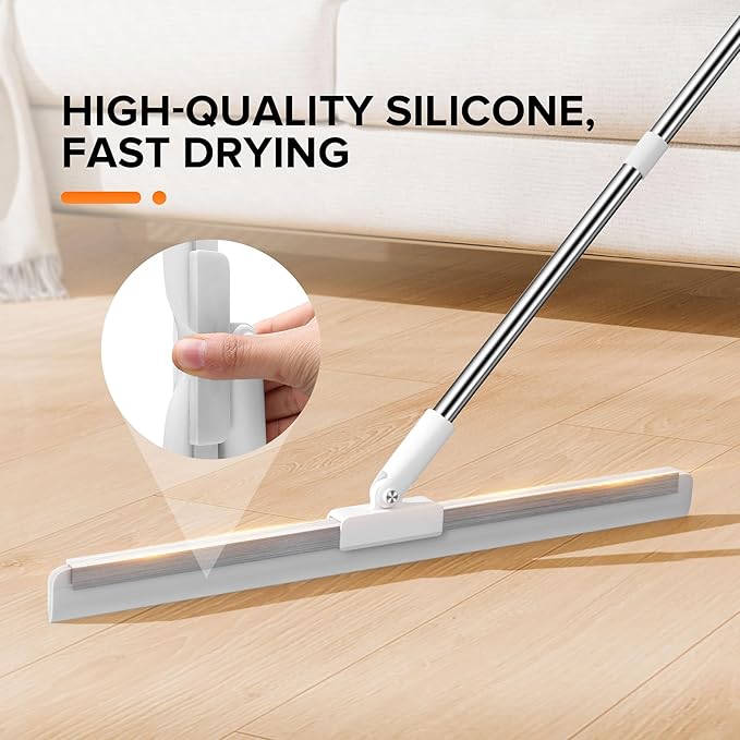 65" Long Handle Silicone Floor Squeegee -180° Rotating Head with Adjustable Handle, Removes Foam, Water Stains & Pet Hair, Ideal for Tile, Marble, Wood Floors, Glass, Shower, Kitchen & Bathroom