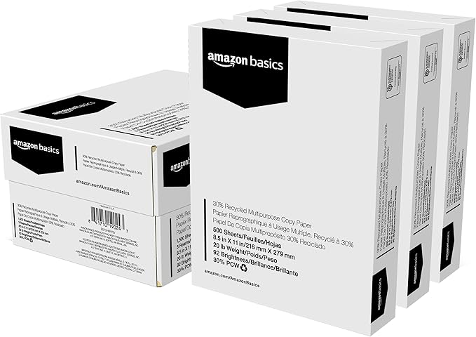 Amazon Basics 30% Recycled Multipurpose Copy Printer Paper, 8.5 x 11 Inches, 20 lb, 3 Ream, (1,500 Sheets), 92 Bright, White