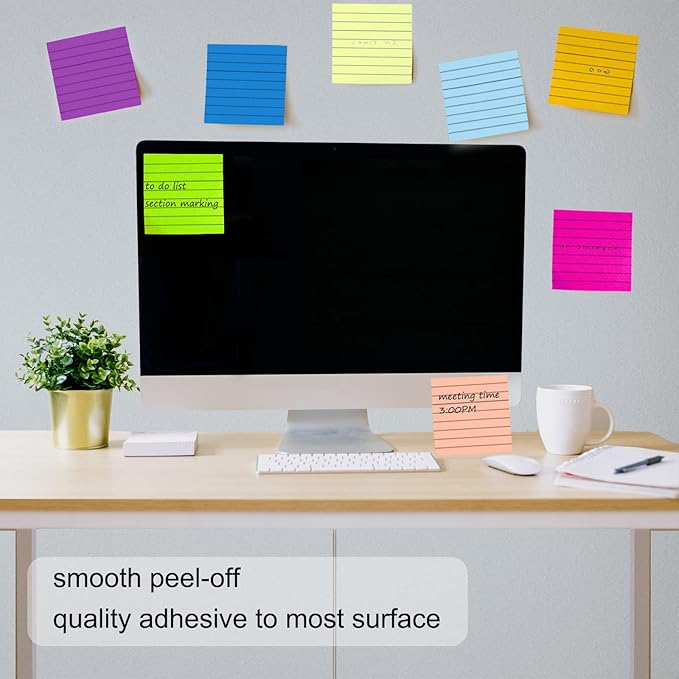 48 Pack 3840 Sheets Lined Sticky Notes 3X3 in Ruled Self Sticky Note Pads 80 Sheets/pad Colorful Sticky Notes with Lines Post Notes for Office, Home, School, Meeting