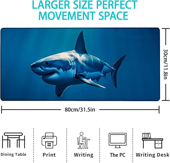 Gaming Mouse Pad, Shark Mouse Pad, Desk Mat, Non-Slip Rubber Base MousePads for Computers Laptop Office School Home Accessories Decor 31.5" x 11.8"