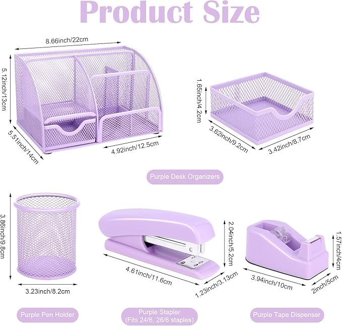 Purple Mesh Desk Organizer and Accessories, Purple Office Supplies 7 Compartments Desk Organizer with Stapler,Tape Dispenser,1000 Staples,Pen Holder,Staple Remover,Clips,Ruler,Scissors