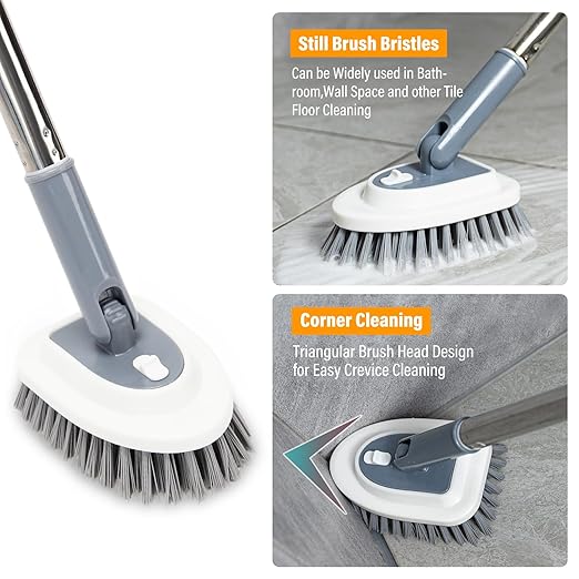 Sayene 4 in 1 Tile Shower Cleaner Brush, Long Handled Scrub Brush for Shower with Adjustable Long Handle Floor Scrub Brush for Cleaning Bathroom/Shower/Tub/Tile/Kitchen/Glass/Wall