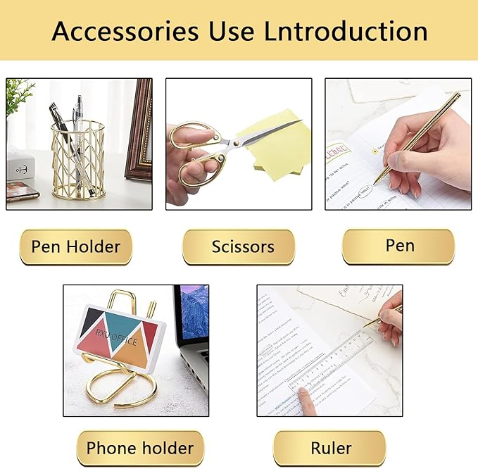 Office Supplies,Desk Accessories,with Stapler,Tape Dispenser,Pen Holder Cup for Desk,Staple Remover,Scissor,Ballpoint Pen,Clear Tape, Staples,Phone Stand,Ruler,Binder,Best Gift Set(Gold)