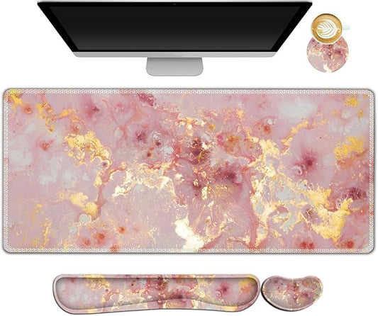 AIMSA Keyboard Mouse Pad Set, Large Gaming Mouse Pad +Wrist Rest Mouse Pad +Keyboard Wrist Support +Coaster, 35x15.7 inch Extended Desk Mat for Easy Typing Pain Relief (Pink Gilt Marble)
