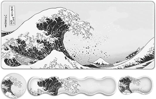 Gaming Mouse Pad Keyboard Wrist Support, 4 in1 Mousepad Set with Wrist Keyboard Rest, Computer Desk Mat, Non-Slip Desk Pad Protector with Memory Foam Easy Typing Pain Relief I Japanese Sea Wave