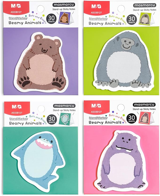 M&G Beamy Animal Sticky Notes, 4 Pads 120 Sheets, 3 x 2 Inch Cute Cartoon Memo Pads, Foldable Stand Self-Stick Notes for School Office Home