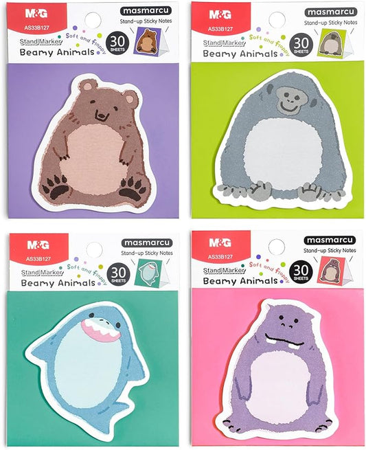 M&G Beamy Animal Sticky Notes, 4 Pads 120 Sheets, 3 x 2 Inch Cute Cartoon Memo Pads, Foldable Stand Self-Stick Notes for School Office Home