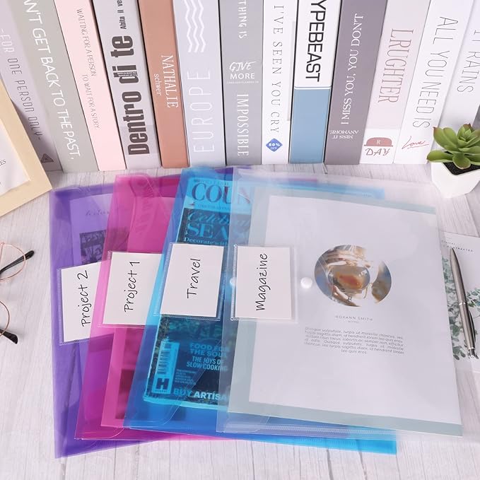 EOOUT 48pcs Plastic Envelopes Poly Envelopes, Clear Document Folders with Snap Button Closure, Letter Size, A4 Size with Label Pocket for School Home Work Office Organization, 8 Colors