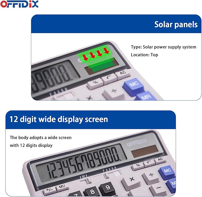OFFIDIX Office Computer Key Electronic Calculator, Financial Calculators for Bank Stuff and Accouter, Financial Accounting Style 12-Digit Display with Battery and Solar Desktop Calculator