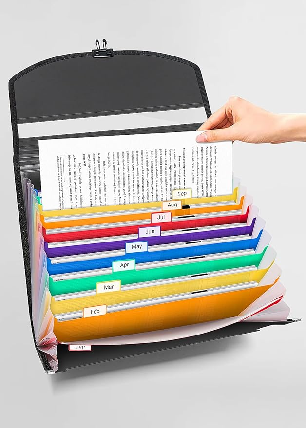 13 Pockets File Organizer with Handle,Accordion File Folders,Portable Expanding Document Bill Receipt Organizer,A4/Letter Size,Monthly Tabs Included,Perfect Portable Filing Cabinet