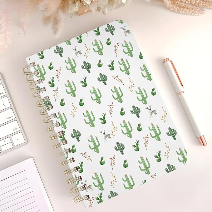 Cute Spiral Notebook journal A5 Aesthetic Pretty Floral Design for Women Girls Kawaii with Pocket, 8.5 x 5.7 inch, Cactus