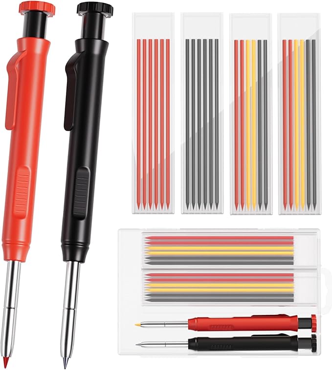 HAUTOCO Mechanical Carpenter Pencils Set with Sharpener & 26 Refills for Construction, Solid Deep Hole Marker Heavy Duty Woodworking Tools Mechanical Pencils for Architect with Case (Black, Red)