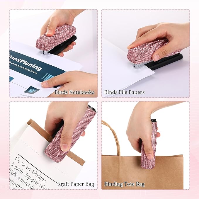 Yexiya Bling Crystal Stapler Gift Sparkly Diamond Stapler for Desk Handmade Clay Rhinestone Machine Pretty Office Stationery Kit Stylish Accessory for Women Lady Christmas(Pink)