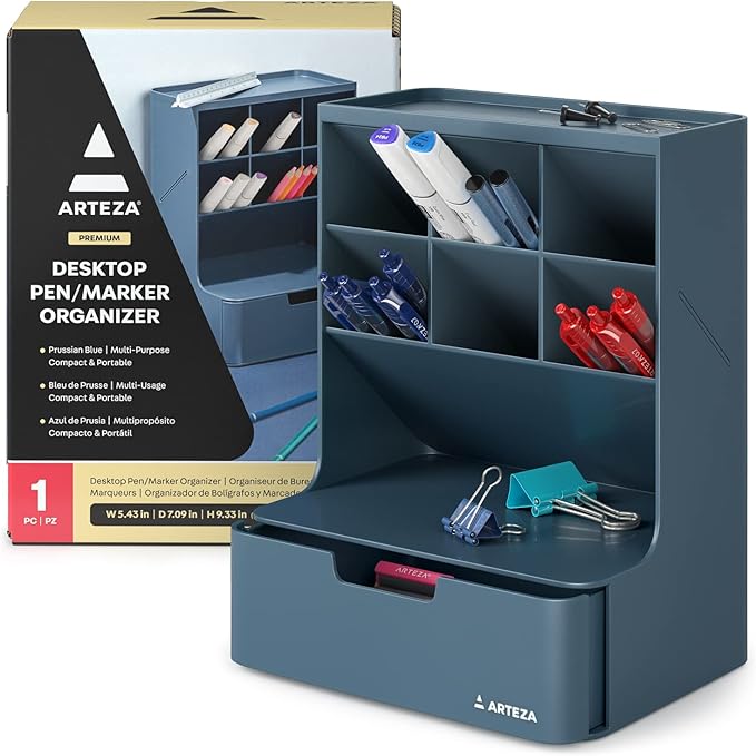 ARTEZA Desktop Pen and Marker Organizer – 6-Compartment Blue Holder with Drawer for Desk, Office, Makeup, and Art Supply Organization