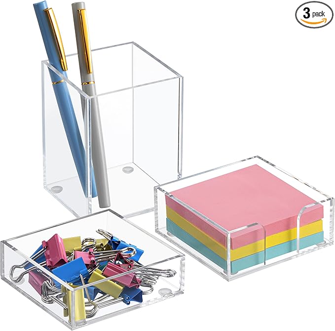 HBlife Office Desk Organizer Set of 3 with Pen Pencil Holder, Paperclip Storage and Sticky Note Holder, Clear Acrylic Desktop Accessories and Workspace Organizers for Women or Men