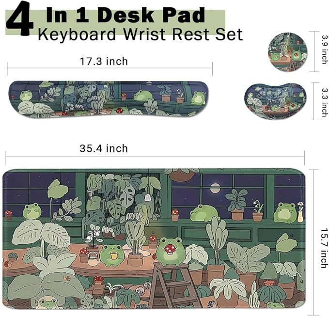 Large Mouse Pad Set, Cute Extended Mouse Pad+Keyboard Wrist Rest Support Desk Pad Memory Foam Ergonomic Easy Typing, 35.4×15.7 in Desk Mat Set for Home Office Study Game - Frog