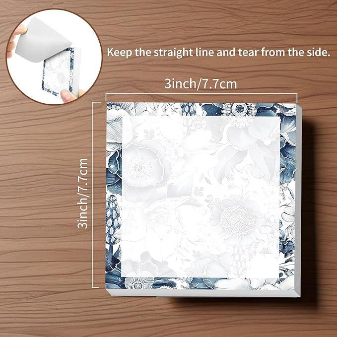 Sticky Notes, 2 Pads, 3x3 inches, Cute Colorful Fun Self-Stick Note Pads, Easy Post, Strong Adhesive Notepad Navy Blue Vintage Floral