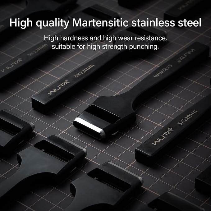 WUTA 6 Pcs Leather Belt Hole Puncher Oval Cutter Strap Watch Band Flat Punches Heavy Duty Oblong Tools for Leathercrafting (4 * 5+4 * 6+5 * 8+5 * 25+4mm Round+3.5mm Round)