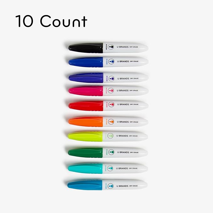 U Brands Low-Odor Mini Dry Erase Markers, Set of 10, Assorted Colors, Non-Toxic, Medium (2 mm) Point