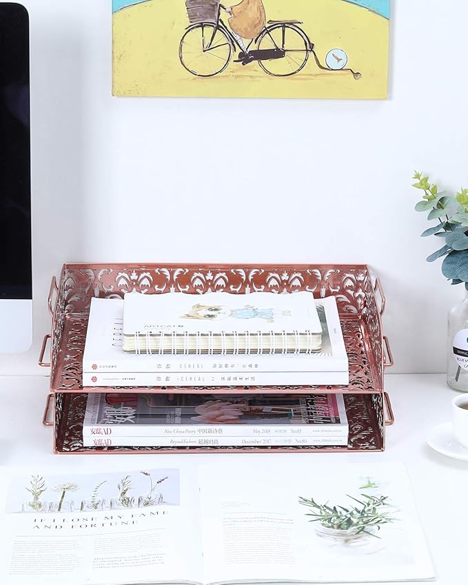 EasyPAG Paper Organizer for Desk 2 Tier Stackable Paper Tray for A4 Legal Size Folders Metal File Storage Desktop Organizer for Home Office School Teacher, Pink