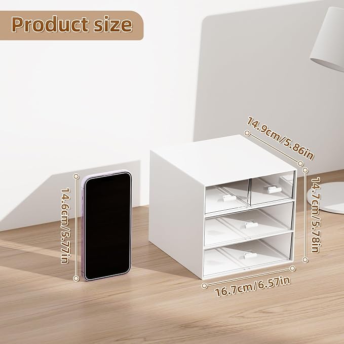 Marbrasse Desk Organizer with 4 Drawers，Office Organization, Clear Plastic Desk Organizers and Storage, Desktop Organizer for Office School Home (White-4 Drawers)