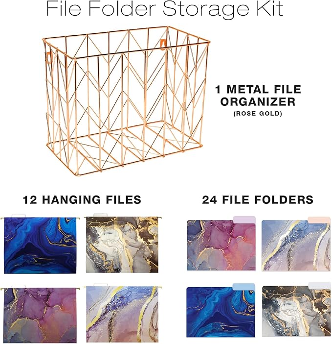 Global Printed Products Deluxe Designer Hanging File Folder Kit, Includes Metal Hanging Basket, 12 Hanging Folders, 24 File Folders, 1/3 Cut Tab, Assorted Positions, Letter Size (Marble)